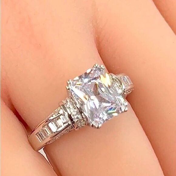 Sterling Silver Clear Emerald Cut CZ Ring New - Picture 5 of 13